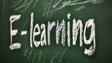 This image showcases the concept of e-learning with chalk writing on a blackboard, representing modern educational techniques and online instruction.の素材