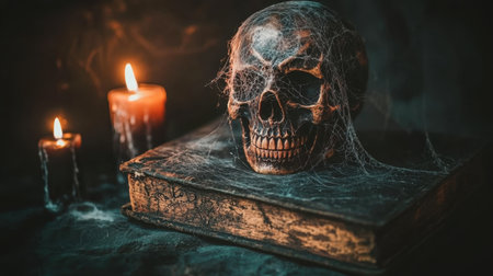 This hauntingly beautiful scene features a dark skull shrouded in cobwebs, illuminated by flickering candlelight on an aged book. Perfect for Halloween.の素材