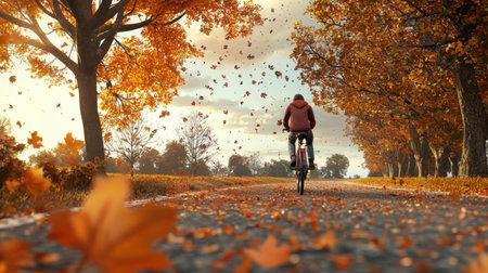 A peaceful autumn scene featuring a cyclist riding along a winding path, surrounded by vibrant trees and falling leaves under soft sunlight.の素材
