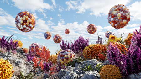 This vibrant abstract landscape features colorful spheres floating above exotic plants, set against a bright, cloud-filled sky. A captivating blend of nature and imagination.の素材