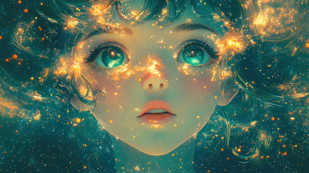 A mesmerizing portrait of a young girl, illuminated by cosmic stars and vibrant particles, evoking feelings of wonder and imagination.の素材