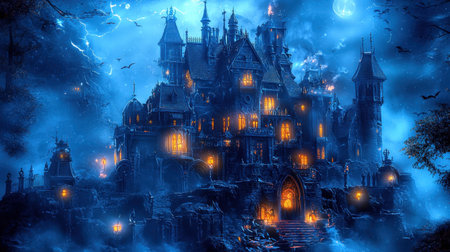 A mesmerizing haunted castle illuminates the dark blue night sky with glowing windows, surrounded by mist, bats, and an air of mystery.の素材