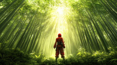 This enchanting image captures a silhouetted ninja standing in a serene bamboo forest, bathed in soft sunlight. The perfect setting for a journey of adventure and tranquility.の素材