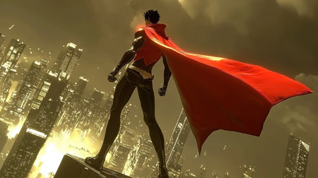 A powerful hero stands majestically on a rooftop, overlooking a vibrant city skyline bathed in sunset hues, encapsulating adventure and courage.の素材