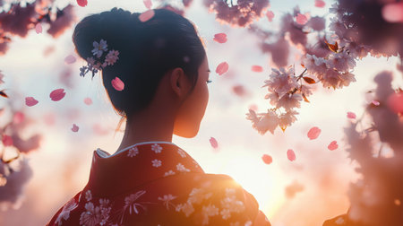 A serene silhouette of a woman in a traditional kimono stands amidst blooming cherry blossoms at sunset. The soft petals flutter in the warm light.の素材