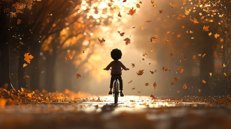 A young child rides a bicycle through a vibrant autumn scene, surrounded by swirling leaves and bathed in soft golden light, embodying joy and adventure.の素材