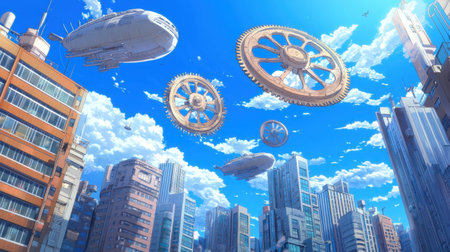 A vibrant futuristic cityscape showcases floating gears and airships against a brilliant blue sky, evoking a sense of imagination and adventure.の素材