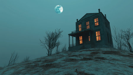 This atmospheric image features an abandoned house on a foggy night, under a full moon. The glowing windows hint at untold stories and mystery.の素材