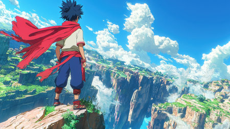 A young boy wearing a vibrant red scarf overlooks a breathtaking cliffside view, embodying a sense of adventure and freedom in nature.の素材