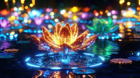 A stunning neon lotus flower radiates vibrant colors, creating a magical atmosphere above a serene water surface filled with reflections.の素材