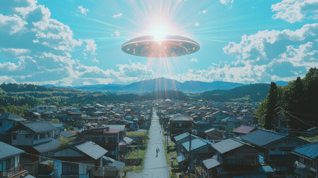A stunning scene featuring a UFO hovering over a serene urban landscape, with vibrant blue skies and dramatic cloud formations, evoking a sense of mystery and exploration.の素材