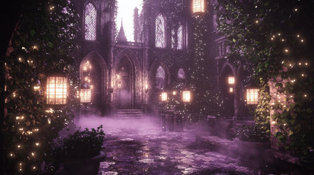 Experience the enchanting beauty of gothic architecture surrounded by a mystical garden. Glowing lanterns illuminate the foggy pathway at twilight.の素材