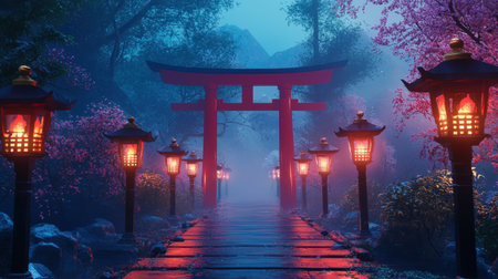 A tranquil pathway lined with glowing lanterns leads through iconic torii gates amid lush cherry blossoms, enveloped in a soft mist.の素材