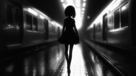 A captivating silhouette of a young girl walks alone through a dark train station, illuminated by soft backlight, creating a dramatic atmosphere.の素材