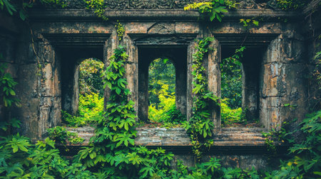 This image captures an enchanting view of overgrown ruins, where lush greenery embraces the weathered stone structure, showcasing nature's reclaiming power in a tranquil setting.の素材