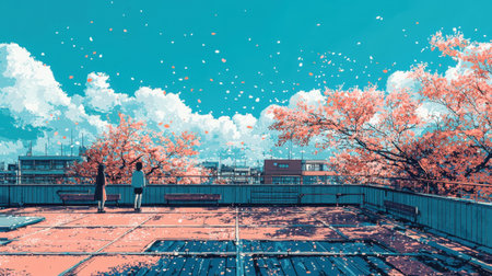 Two silhouetted figures stand on a rooftop surrounded by vibrant cherry blossoms. A bright blue sky and fluffy clouds complete this serene scene.の素材
