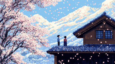 A tranquil illustration depicting two figures standing on a rooftop amidst cherry blossoms, with majestic mountains in the background, embodying the beauty of spring and connection.の素材