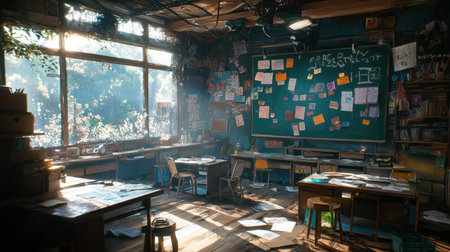 This image features a cozy classroom filled with natural sunlight, showcasing a green chalkboard, wooden furniture, and creative artwork, inspiring learning.の素材