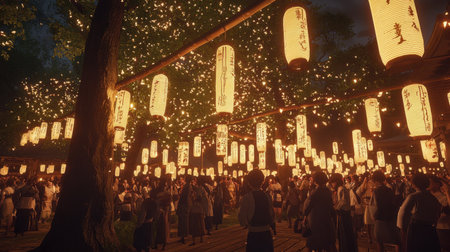 A lively night market scene featuring hundreds of glowing lanterns, joyful crowds, and a festive atmosphere under the sparkling night sky.の素材