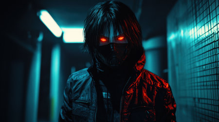 A striking figure stands in a dimly lit urban setting, wearing a mask and a sleek jacket, with glowing eyes that create a captivating contrast.の素材