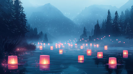 An enchanting landscape features glowing lanterns floating on a tranquil river, surrounded by misty mountains and tall pine trees at twilight.の素材