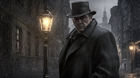 A solitary detective stands in a rain-soaked alley, illuminated by a vintage street lamp. The atmospheric scene evokes suspense and intrigue, showcasing a mysterious urban environment.の素材