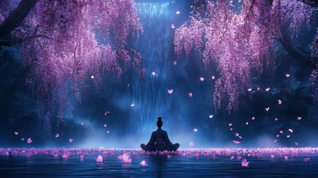 A peaceful scene featuring a person meditating in front of a beautiful waterfall, surrounded by vibrant pink blossoms, creating a serene atmosphere.の素材