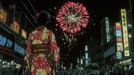 A stunning night scene featuring a girl in a traditional kimono, gazing at vibrant fireworks illuminating a lively urban festival with neon lights.の素材
