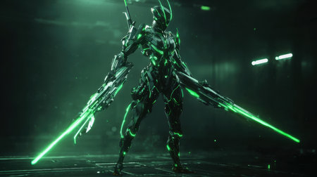 A striking futuristic robotic warrior stands confidently in a dark environment, wielding glowing green weapons. The high-tech design highlights innovation and creativity in sci-fi imagery.の素材