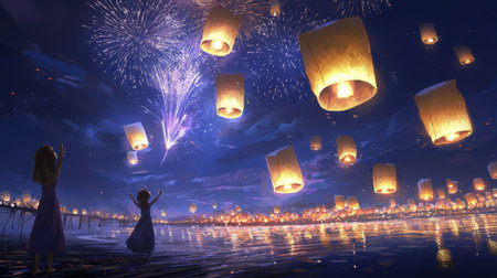 A stunning scene capturing the beauty of a night festival with floating lanterns and vibrant fireworks over a tranquil lake, creating a magical ambiance.の素材