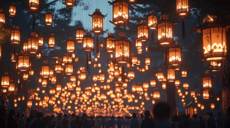 A stunning display of lanterns lights up the night sky during a festival, creating a warm atmosphere as a crowd gathers under the trees.の素材
