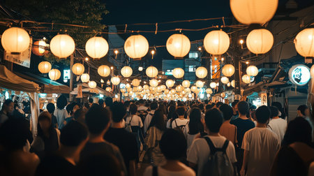 A lively night market scene filled with vibrant paper lanterns illuminating crowds enjoying a festive atmosphere. Perfect for travel and cultural themes.の素材