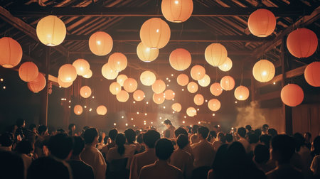 A captivating scene of a lively celebration where glowing lanterns illuminate a rustic venue, filled with cheerful people enjoying the vibrant atmosphere.の素材