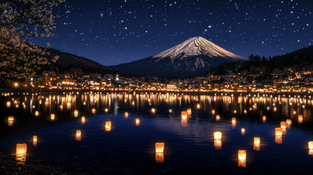 A breathtaking night scene featuring Mount Fuji illuminated by stars, with glowing lanterns floating on a tranquil lake, creating a serene atmosphere.の素材