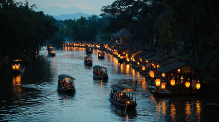 A serene evening scene featuring lantern-lit boats floating gently on a calm river, surrounded by lush trees and charming waterfront houses, perfect for evoking tranquility and adventure.の素材