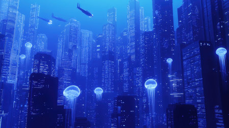 Explore a captivating aquatic metropolis featuring skyscrapers and glowing jellyfish. This surreal digital artwork highlights vibrant blue tones and an imaginative underwater world.の素材