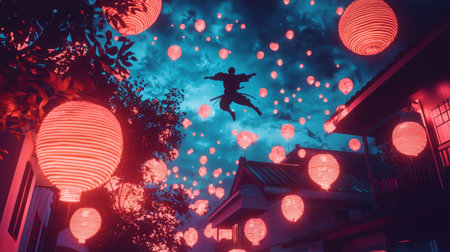 A dynamic scene featuring a jumping figure amidst a sea of vibrant red paper lanterns, creating a magical atmosphere against a dark blue sky.の素材