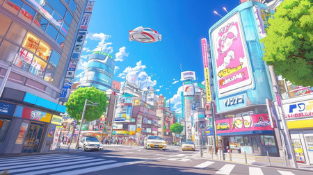 Experience a vibrant futuristic cityscape filled with flying cars and lively streets under a bright blue sky, showcasing urban innovation and creativity.の素材