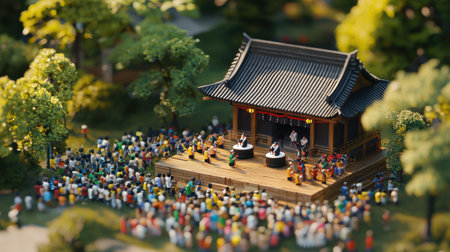 A captivating miniature scene depicting a traditional arts festival, showcasing a vibrant outdoor performance with a large, colorful audience engaged in the experience.の素材