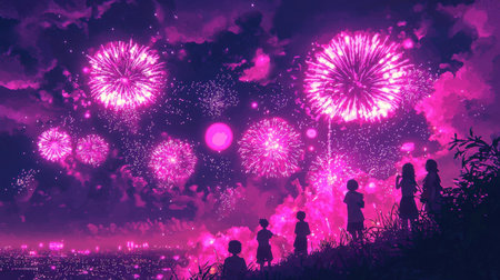 A stunning representation of a fireworks display lighting up the night sky over a city, with silhouetted figures capturing the moment in awe.の素材