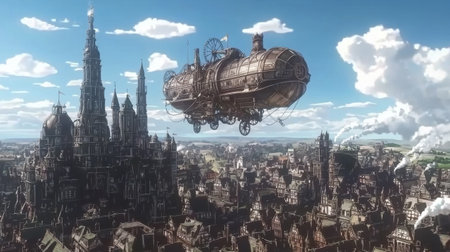 A captivating steampunk scene showcasing an airship navigating above a detailed cityscape. The blend of vintage architecture and surreal skies creates an enchanting atmosphere of adventure and creativity.の素材