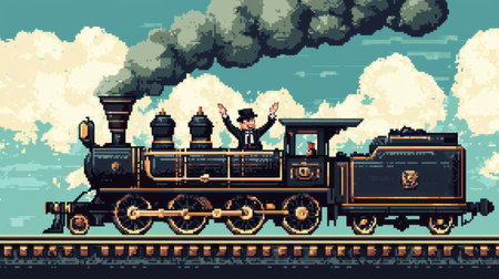 A charming vintage pixel art portrayal of a steam train with a joyful conductor, journeying through a vibrant, cloudy sky, perfect for retro enthusiasts.の素材
