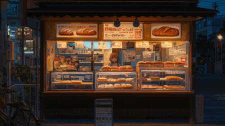 A captivating nighttime scene featuring a bakery shop showcasing a variety of freshly baked bread. The warm lights emanate a cozy atmosphere, drawing in passersby.の素材