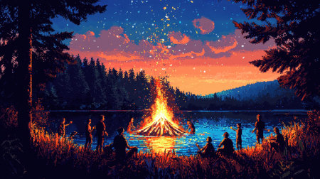A mesmerizing scene of a campfire gathering by a tranquil lake at dusk, featuring people enjoying nature, warmth, and camaraderie.の素材