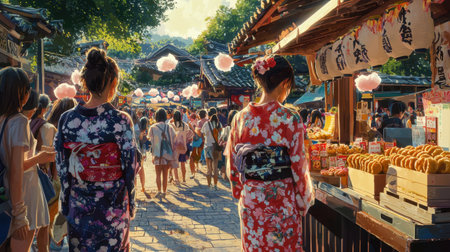 This lively street market scene captures the essence of tradition and culture, featuring people in colorful attire exploring vibrant stalls filled with delicious treats amidst a joyful crowd.の素材