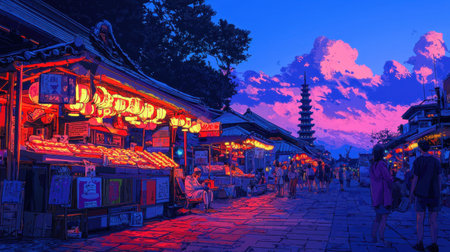 This colorful evening scene captures a traditional marketplace filled with vibrant lanterns and lively people against a stunning sunset backdrop.の素材
