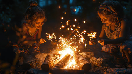 Two joyful children enjoy playing with sparklers around a campfire on a summer evening, creating a magical atmosphere filled with light and laughter.の素材