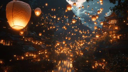 A captivating scene featuring numerous floating lanterns illuminating a serene waterway, surrounded by quaint village architecture and majestic mountains.の素材