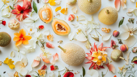 A stunning flat lay of vibrant flowers and tropical fruits creates an inviting and fresh atmosphere. Perfect for themes of beauty and nature.の素材