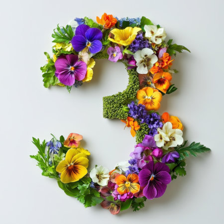 A stunning arrangement of various flowers forming the number three, showcasing vibrant colors and natural beauty against a soft background. Perfect for celebrations.の素材